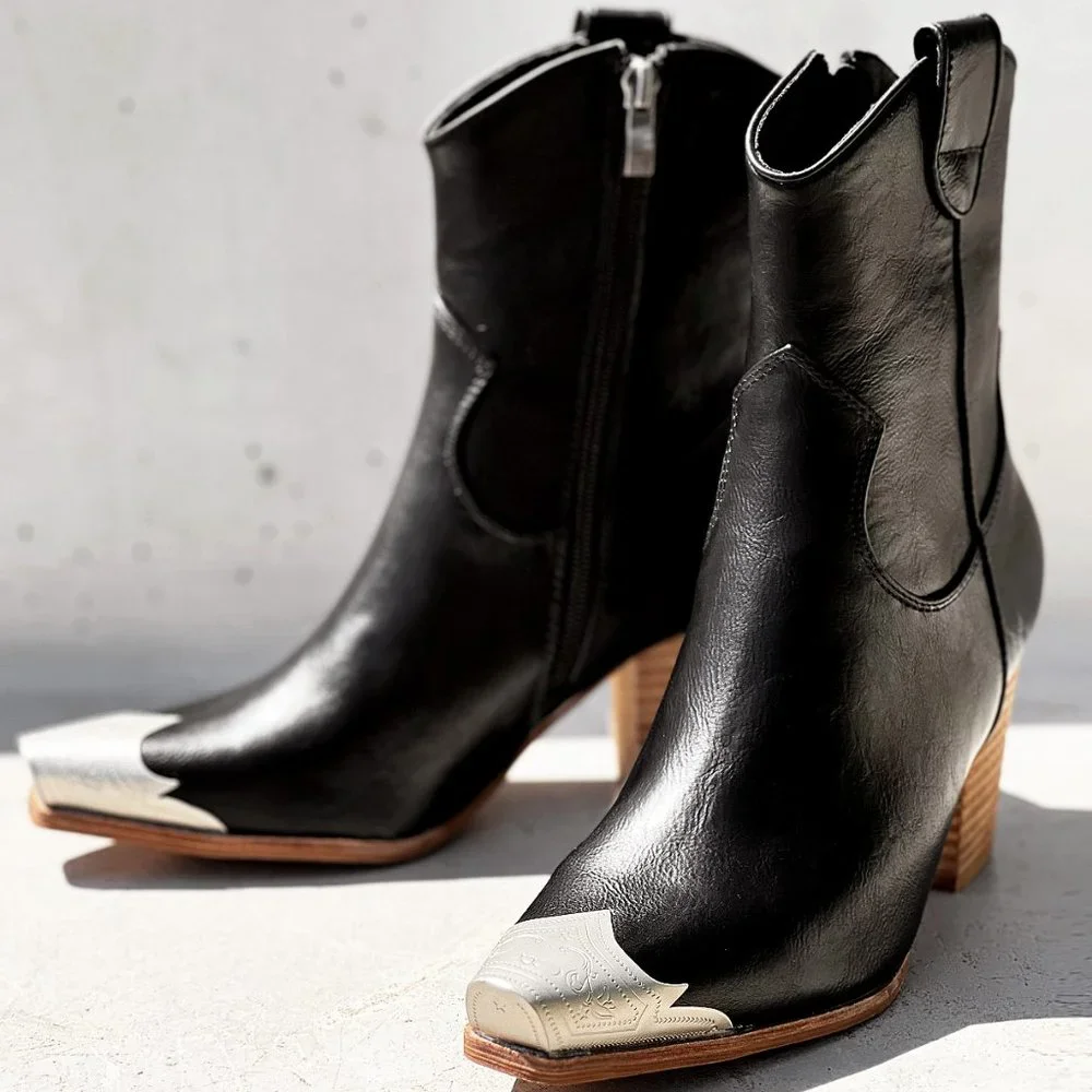 NEW Black PU Leather Metal Cap Toe Block Heel Cowgirl Cowboy Western Ankle Boots - Picture 3 of 14